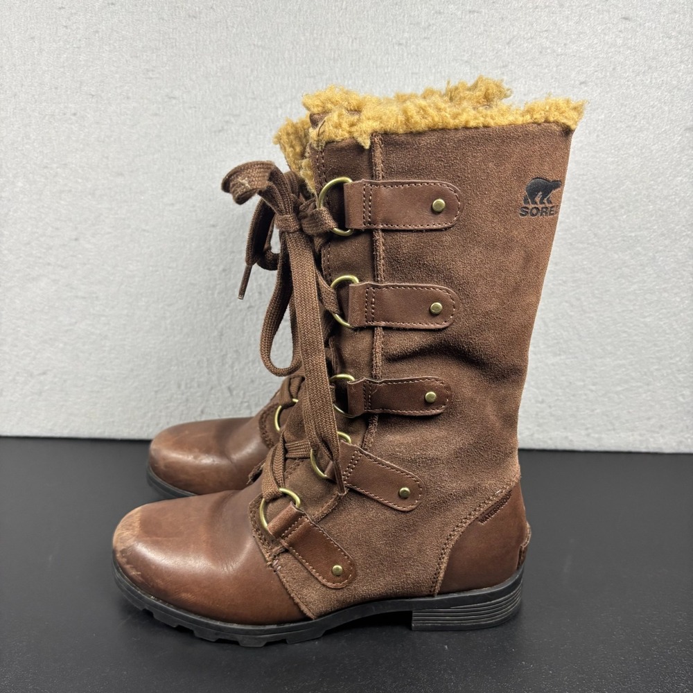 Sorel ‎ Emelie Faux Fur Brown Suede Leather Lace-Up Waterproof Boots Size 6.5